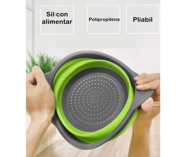 Set 2 strecuratori pliabile din silicon alimentar Flippy, cu manere, fund antiaderent si antialunecare, rotunda, doua dimensiuni, usor de depozitat, compatibil cu masina de spalat vase, verde