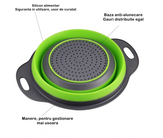 Set 2 strecuratori pliabile din silicon alimentar Flippy, cu manere, fund antiaderent si antialunecare, rotunda, doua dimensiuni, usor de depozitat, compatibil cu masina de spalat vase, verde