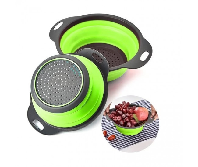 Set 2 strecuratori pliabile din silicon alimentar Flippy, cu manere, fund antiaderent si antialunecare, rotunda, doua dimensiuni, usor de depozitat, compatibil cu masina de spalat vase, verde