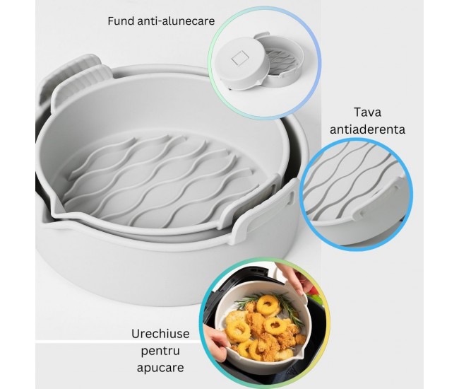 Set 2 tavi din silicon ecologic pentru air fryer Flippy, temperatura maxima 230 grade, reutilizabile, reciclabile, cu manere anti-alunecare, fund antiaderent, 18.7 x 19.5 x 7 cm, gri