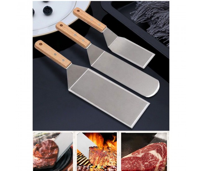 Set 3 spatule pentru gratar Flippy, din metal, margini subtiri, suprafata antiaderenta, rezistente la temperaturi ridicate, maner ergonomic din lemn, 3 forme, agatatoare, gri