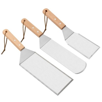 Set 3 spatule pentru gratar Flippy, din metal, margini subtiri, suprafata antiaderenta, rezistente la temperaturi ridicate, maner ergonomic din lemn, 3 forme, agatatoare, gri