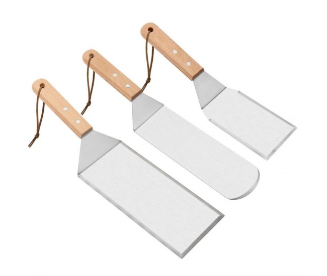 Set 3 spatule pentru gratar Flippy, din metal, margini subtiri, suprafata antiaderenta, rezistente la temperaturi ridicate, maner ergonomic din lemn, 3 forme, agatatoare, gri