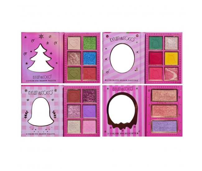 Set 4 Palete de Machiaj, KEVIN & COCO, Christmas Jingle, 21 culori, 27.3 x 20.8 x 2.4 cm