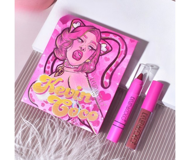 Set 4 Produse de Machiaj, KEVIN & COCO, Pink Loving-heart Leopard Girl, 18 culori, 20.5 x 18.2 x 2.2 cm