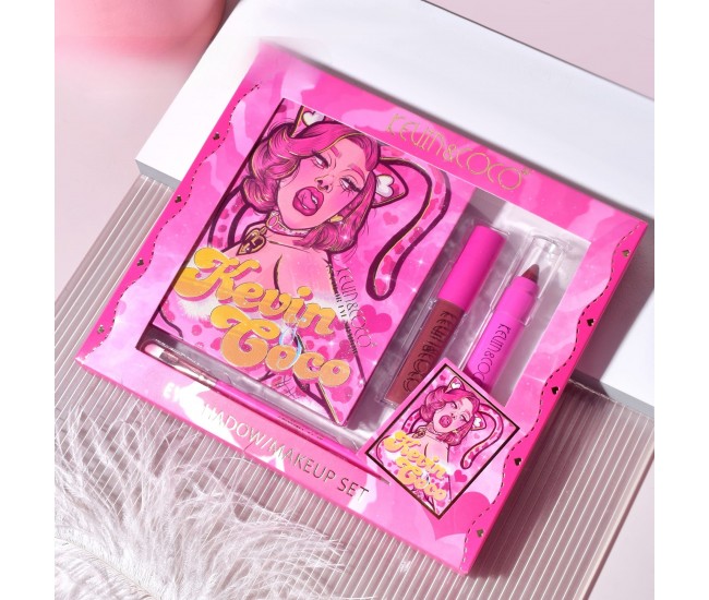 Set 4 Produse de Machiaj, KEVIN & COCO, Pink Loving-heart Leopard Girl, 18 culori, 20.5 x 18.2 x 2.2 cm