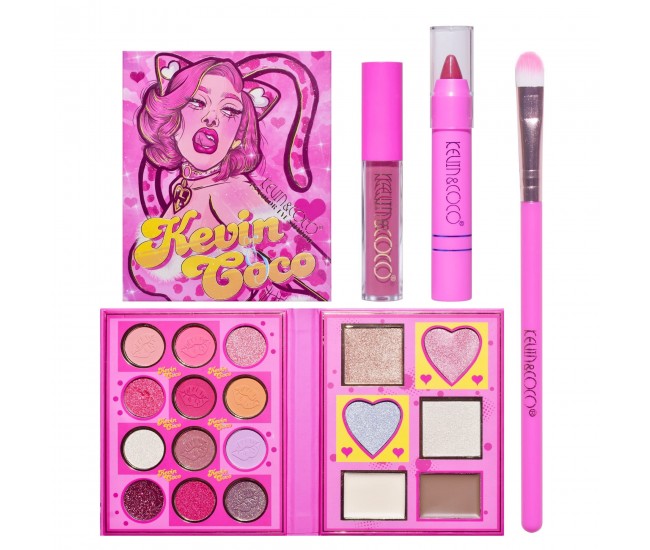 Set 4 Produse de Machiaj, KEVIN & COCO, Pink Loving-heart Leopard Girl, 18 culori, 20.5 x 18.2 x 2.2 cm