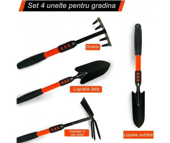 Set 4 Unelte de Gradina Flippy, Maner extensibil, pentru Plantare Prelucrare Sol si Ingrijire Plante, Material otel carbon, negru