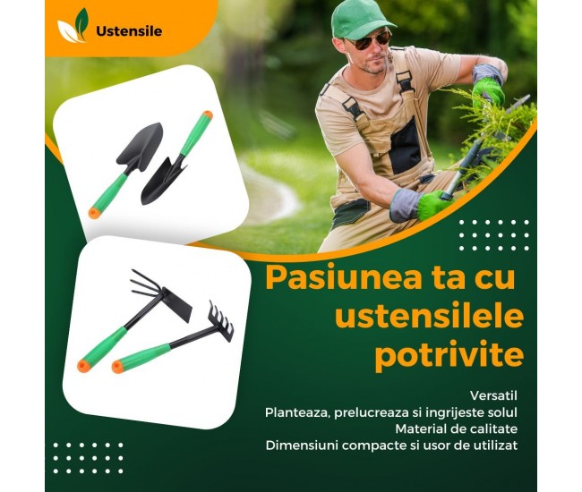 Set 4 Unelte de Gradina Flippy, pentru Plantare Prelucrare Sol si Ingrijire Plante, Material PVC si cardboard, 31.5 x 8.5 cm, verde