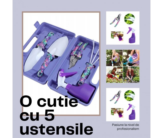 Set 5 accesorii pentru gradinarit Flippy, geanta depozitare inclusa, otel inoxidabil, 38 x 29 cm, mov