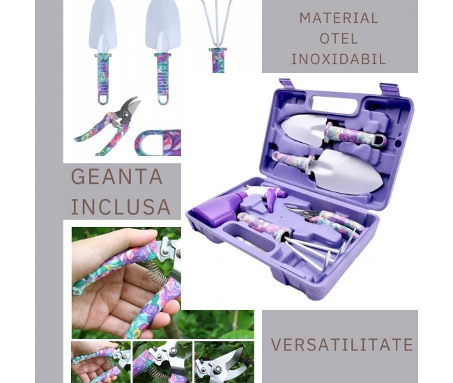 Set 5 accesorii pentru gradinarit Flippy, geanta depozitare inclusa, otel inoxidabil, 38 x 29 cm, mov