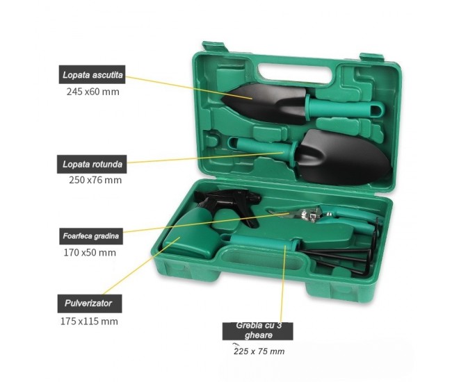 Set 5 accesorii pentru gradinarit Flippy, geanta depozitare inclusa, otel inoxidabil, 18.5 x 29.5 cm, verde