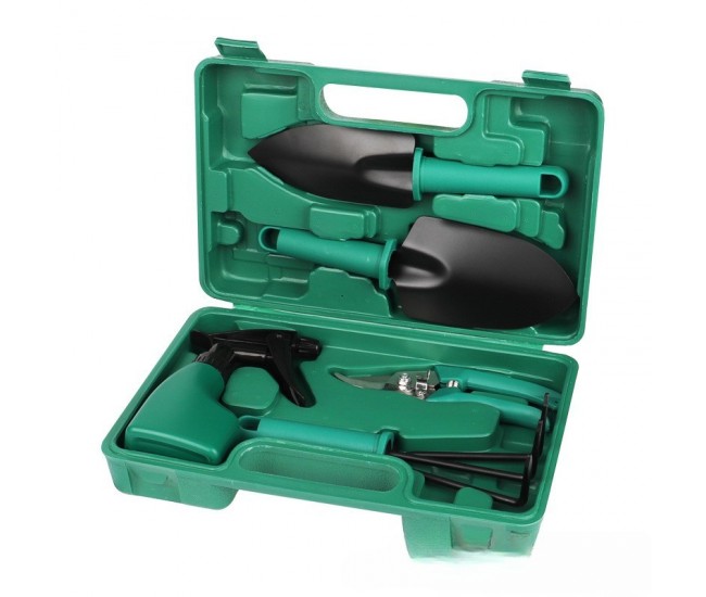 Set 5 accesorii pentru gradinarit Flippy, geanta depozitare inclusa, otel inoxidabil, 18.5 x 29.5 cm, verde