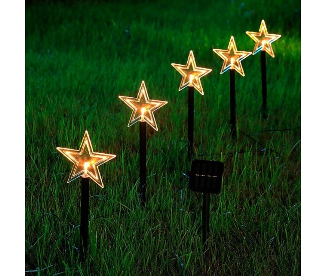 Set 5 Lampi solare LED de exterior Tip Stea pentru gradina Flippy, 35.5 cm, Alb Cald