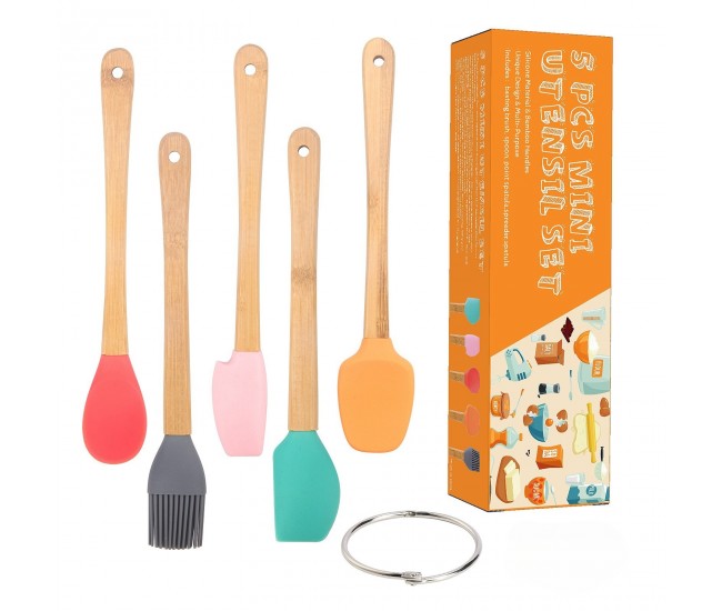 Set 5 Mini Spatule de Silicon Flippy, pensula, Stejar, Multicolor