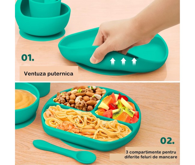 Set 5 piese diversificare bebelusi si copii din silicon Flippy, baveta, farfurie compartimentata cu ventuza, bol cu ventuza, tacamuri, fara alergeni, verde