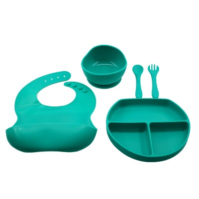 Set 5 piese diversificare bebelusi si copii din silicon Flippy, baveta, farfurie compartimentata cu ventuza, bol cu ventuza, tacamuri, fara alergeni, verde