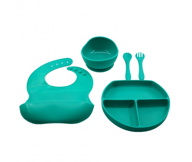 Set 5 piese diversificare bebelusi si copii din silicon Flippy, baveta, farfurie compartimentata cu ventuza, bol cu ventuza, tacamuri, fara alergeni, verde