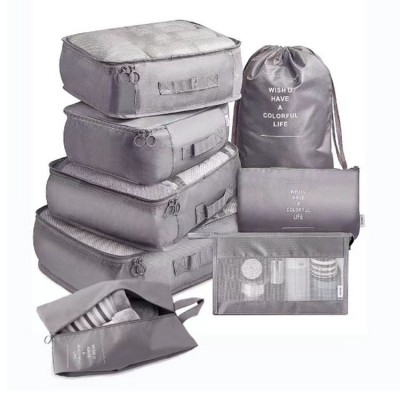 Set 8 huse organizare bagaj Flippy, material poliester, impermeabil, cu fermoar, pentru calatorii sau dulap, sac pentru pantofi inclus, pliabil, gri