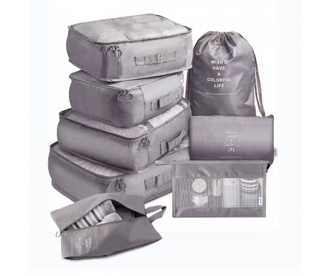 Set 8 huse organizare bagaj Flippy, material poliester, impermeabil, cu fermoar, pentru calatorii sau dulap, sac pentru pantofi inclus, pliabil, gri