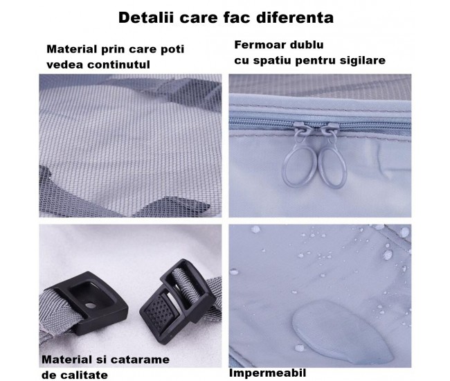 Set 8 huse organizare bagaj Flippy, material poliester, impermeabil, cu fermoar, pentru calatorii sau dulap, sac pentru pantofi inclus, pliabil, gri