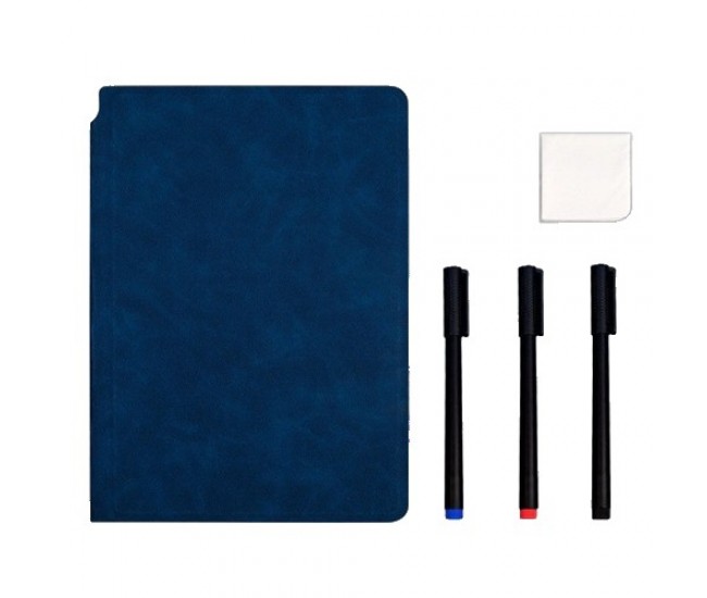 Set Agenda A5 Reutilizabila cu Pagini Tip Tabla, Agenda Pagini Albe cu Stergere Uscata, 3 Markere, 1 Burete și 1 Laveta de sters, Portabila, 24 x 16.5 cm, Coperta Piele, Albastru