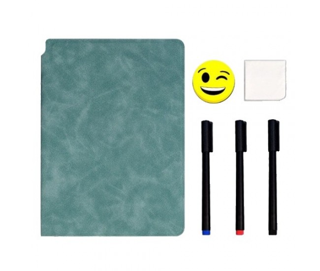 Set Agenda A5 Reutilizabila cu Pagini Tip Tabla, Agenda Pagini Albe cu Stergere Uscata, 3 Markere, 1 Burete și 1 Laveta de sters, Portabila, 24 x 16.5 cm, Coperta Piele, Verde