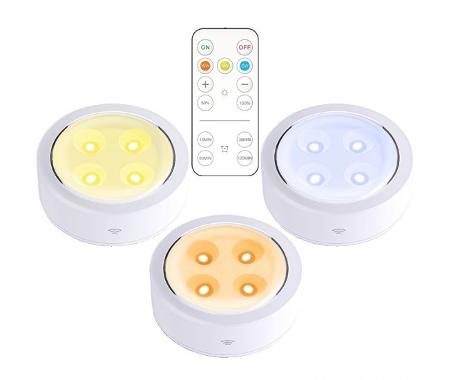 Set de 3 Lampi Led Flippy, Fara Fir, Cu Baterii, 3 Culori de Lumina, cu Telecomanda, din Plastic, Alb