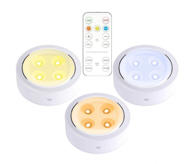 Set de 3 Lampi Led Flippy, Fara Fir, Cu Baterii, 3 Culori de Lumina, cu Telecomanda, din Plastic, Alb