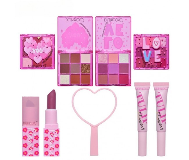 Set de Machiaj, KEVIN & COCO, 22 Culori, Model Lalele, 2 Palete de Farduri, 2 Lip Gloss-uri, 2 Lip Stick-uri, 1 Oglinda Inimioara, 15.7 x 21 x 4 cm, Multicolor