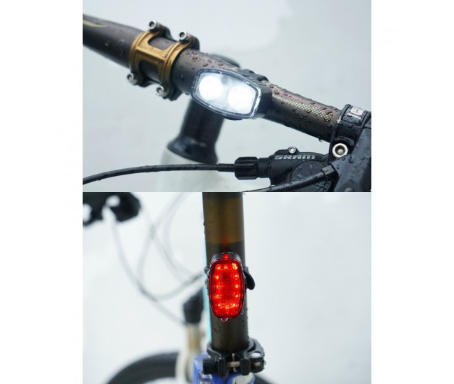 Set far si stop spate LED bicicleta, Flippy, incarcare USB, rezistent la apa, 4 moduri de luminare, Plastic, Alb/Rosu, 10x6x4 cm