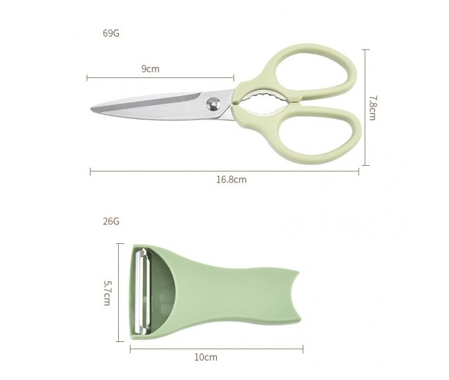 Set foarfeca pentru bucatarie Flippy, curatator legume tip suport, multifunctional, spargator nuci, material ABS si otel inoxidabil, maner ergonomic, 16.8 x 7.8 x 1 cm, verde