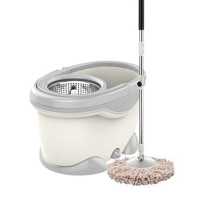 Set Galeata si Mop Rotativ 360°, Flippy, Cu Dubla Actiune Centrifuga, Pentru Uz Casnic, Maner din Otel Inoxidabil Telescopic, 2 Capte din Bumbac, 46x27x29 cm, Alb