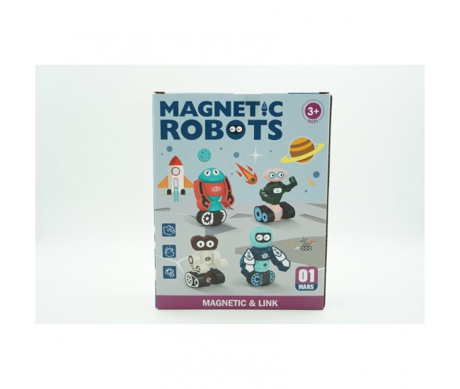 Set inteligent de blocuri magnetice pentru copii, 7 piese, cutie depozitare, robotel, albastru