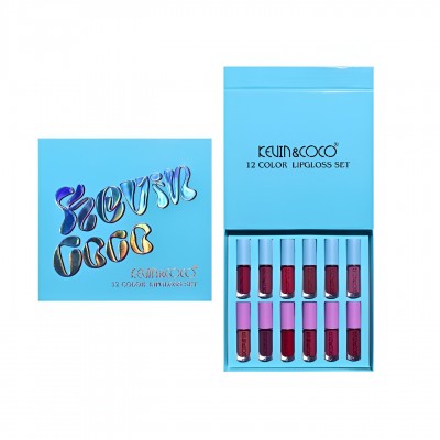 Set Rujuri de Buze, KEVIN & COCO, 12 Culori, 17x14.8x2.9 cm, Diferite Nuante, LipGloss, Albastru