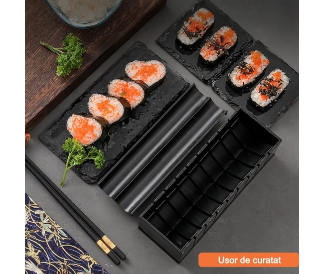 Set ustensile pentru facut sushi Flippy, 10 piese, forma inima inclus, 3 forme clasice, extensibil, finisaj lucios, material ABS, curatare usoara, negru
