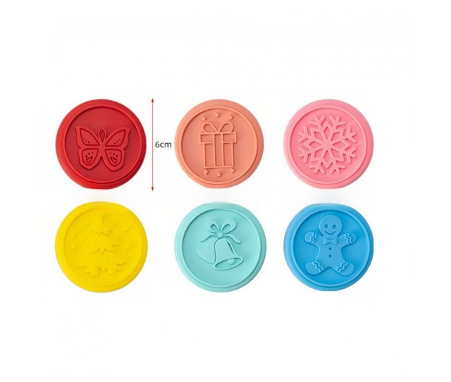 Set 6 stampile pentru prajituri Flippy, tematica de Craciun, din silicon alimentar non-toxic, taietor aluat inclus, 6 cm,  maner din plastic, compact, usor de depozitat,