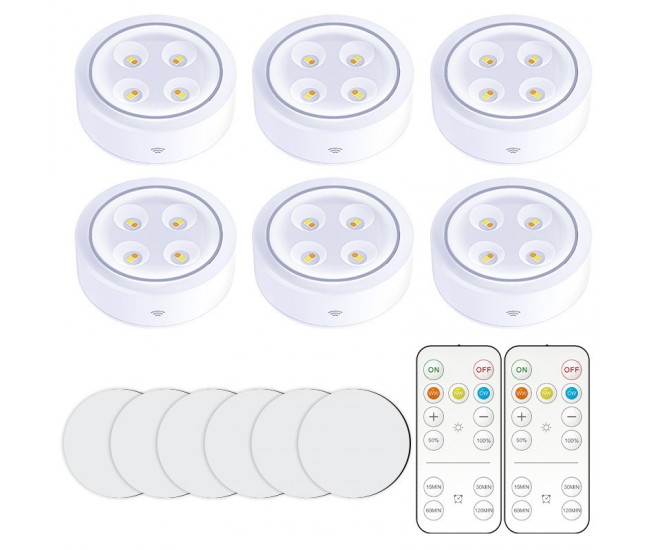 Set de 6 Lampi Led Flippy, Fara Fir, Cu Baterii, 3 Culori de Lumina, cu 2 Telecomenzi, din Plastic, Alb