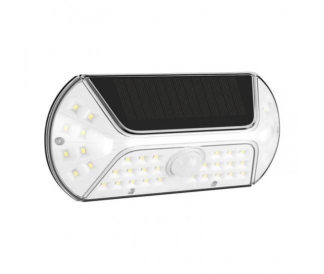 Aplica solara LED SMD pentru perete Flippy, cu senzor de miscare, dreptunghiulara, IP44, luminozitate mare 40 LED-uri, 3.7V, 1200mah, autonomie 8 ore, 19.2 x 8.9 cm, alb rece