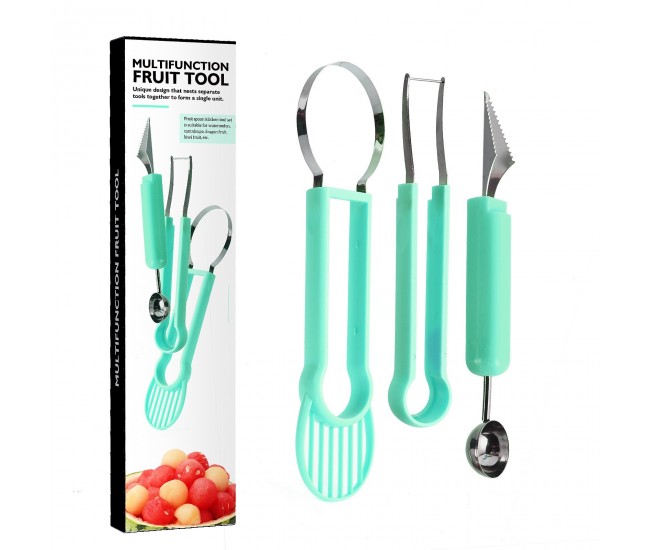 Ustensila bucatarie 4 in 1 pentru taiat si decorat fructe Flippy, material inox si plastic, compact, 28x6.2 cm, verde