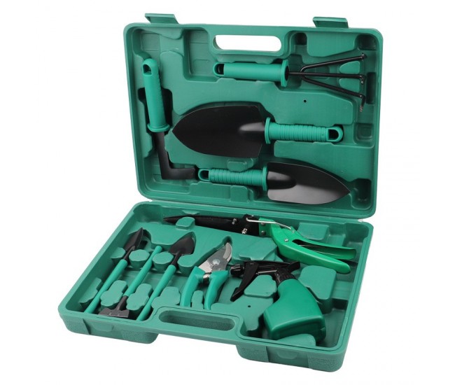 Set 10 accesorii pentru gradinarit Flippy, geanta depozitare inclusa, otel inoxidabil, 37 x 28 cm, verde