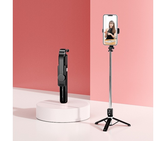 Trepied foto telescopic premium profesional Flippy Z101S , cadru multifunctional, telecomanda detasabila, pentru telefon/camera foto/gopro, functie selfie stick, ajustabil, pliabil, H33-100 cm, aluminiu, Negru