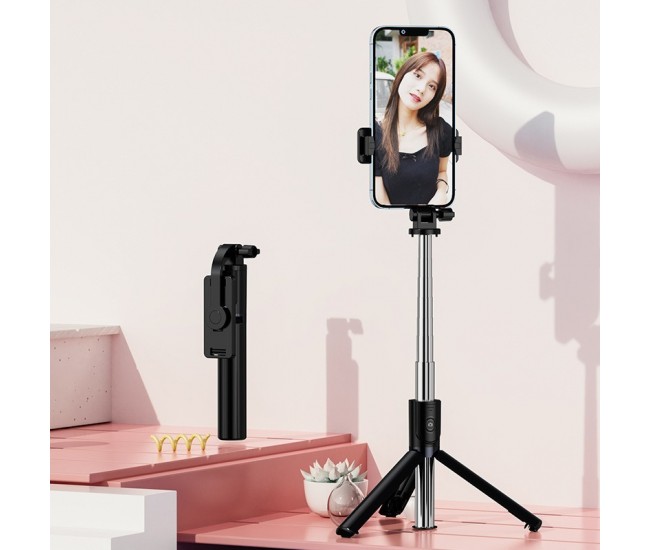 Trepied foto telescopic premium profesional Flippy Z101S , cadru multifunctional, telecomanda detasabila, pentru telefon/camera foto/gopro, functie selfie stick, ajustabil, pliabil, H33-100 cm, aluminiu, Negru