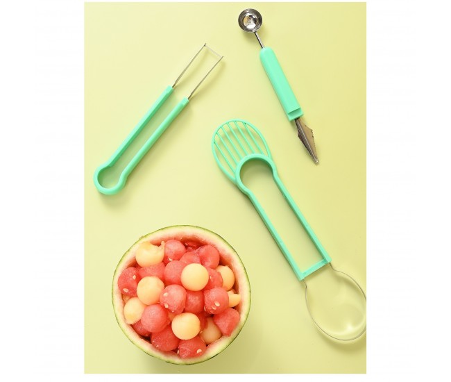 Ustensila bucatarie 4 in 1 pentru taiat si decorat fructe Flippy, material inox si plastic, compact, 28x6.2 cm, verde