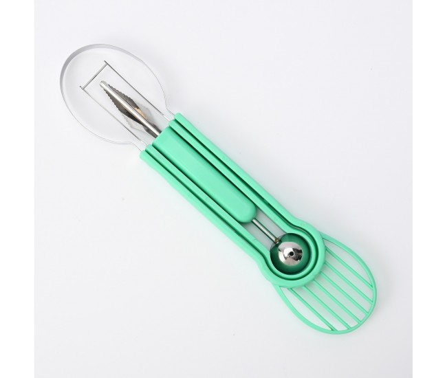 Ustensila bucatarie 4 in 1 pentru taiat si decorat fructe Flippy, material inox si plastic, compact, 28x6.2 cm, verde