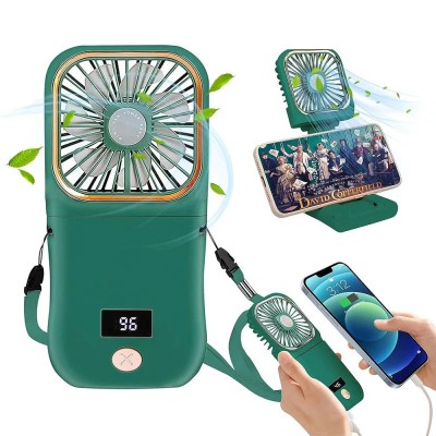 Ventilator Portabil Flippy, 3 in 1, de Mana, de Gat, de Birou, 16.7 x 8 x 1.9 cm, 3 Trepte de Viteza, Incarcare USB, Pliabil, Afisaj Digital, Suport Telefon, Verde