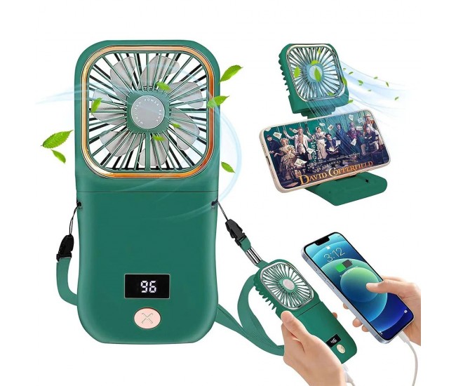 Ventilator Portabil Flippy, 3 in 1, de Mana, de Gat, de Birou, 16.7 x 8 x 1.9 cm, 3 Trepte de Viteza, Incarcare USB, Pliabil, Afisaj Digital, Suport Telefon, Verde