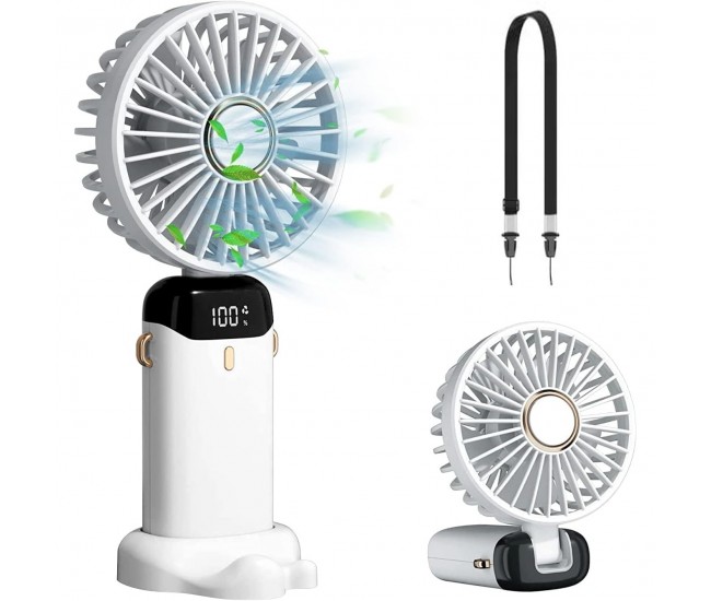 Ventilator Ultra Portabil cu Aromaterapie, Flippy, 3 in 1, de Mana, de Birou, de Gat, 5 Trepte de Viteza, Incarcare USB, Autonomie 12h, Pliabil, cu Ecran LCD, Alb