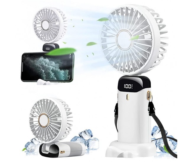 Ventilator Ultra Portabil cu Aromaterapie, Flippy, 3 in 1, de Mana, de Birou, de Gat, 5 Trepte de Viteza, Incarcare USB, Autonomie 12h, Pliabil, cu Ecran LCD, Alb