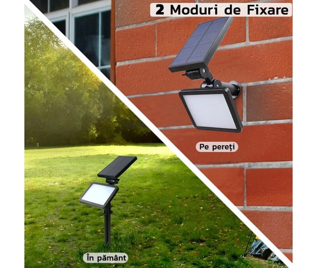 Lampa solara pentru terasa/gradina 48 de LED-uri Flippy, cu 2 moduri de fixare, senzor de lumina, IP44, material ABS, 5W, 80 lm, 26.5 cm x 14 cm, Alb Rece